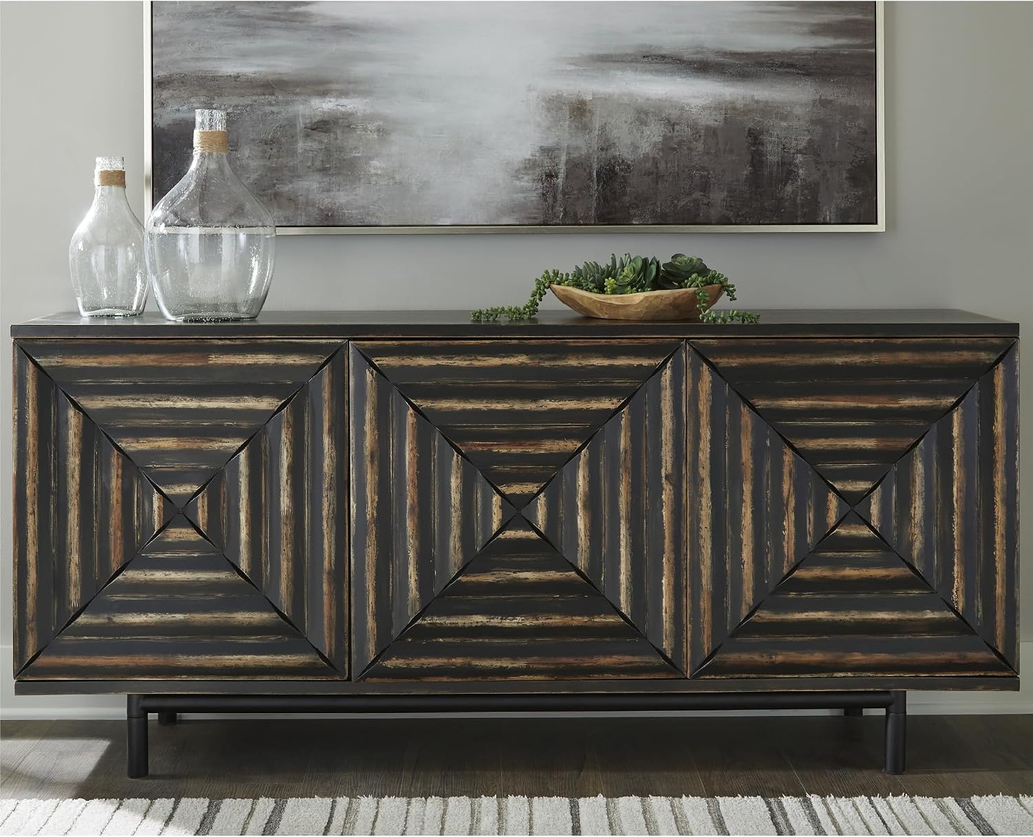 Signature Design by Ashley Fair Ridge Casual Square Patterned 3-Door Distressed Accent Cabinet with 3 Adjustable Shelves, Black & Dark Brown