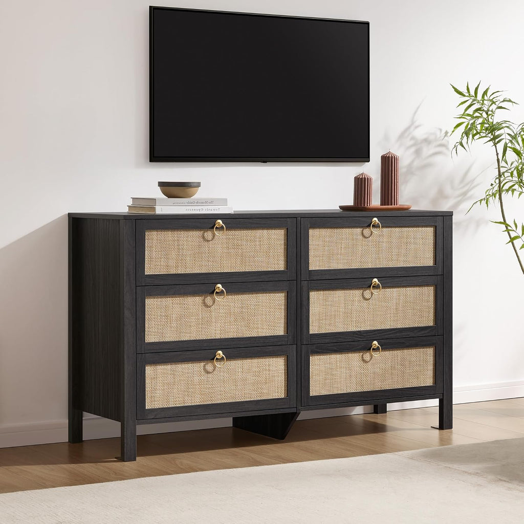 SICOTAS 6 Drawer Dresser for Bedroom - 51' Wide Rattan Dressers Chest of Drawers for Closet, Larger Storage Cabinet Farmhouse Boho Dresser TV Stand for Living Dining Room, Hallway, Black