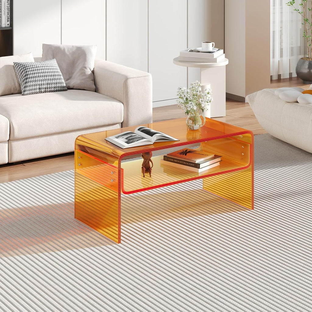 Acrylic Coffee Table, Orange Rectangle Side Table Furniture, Modern Tea Table with Open Storage for Living Room, Office Reception and Bedroom