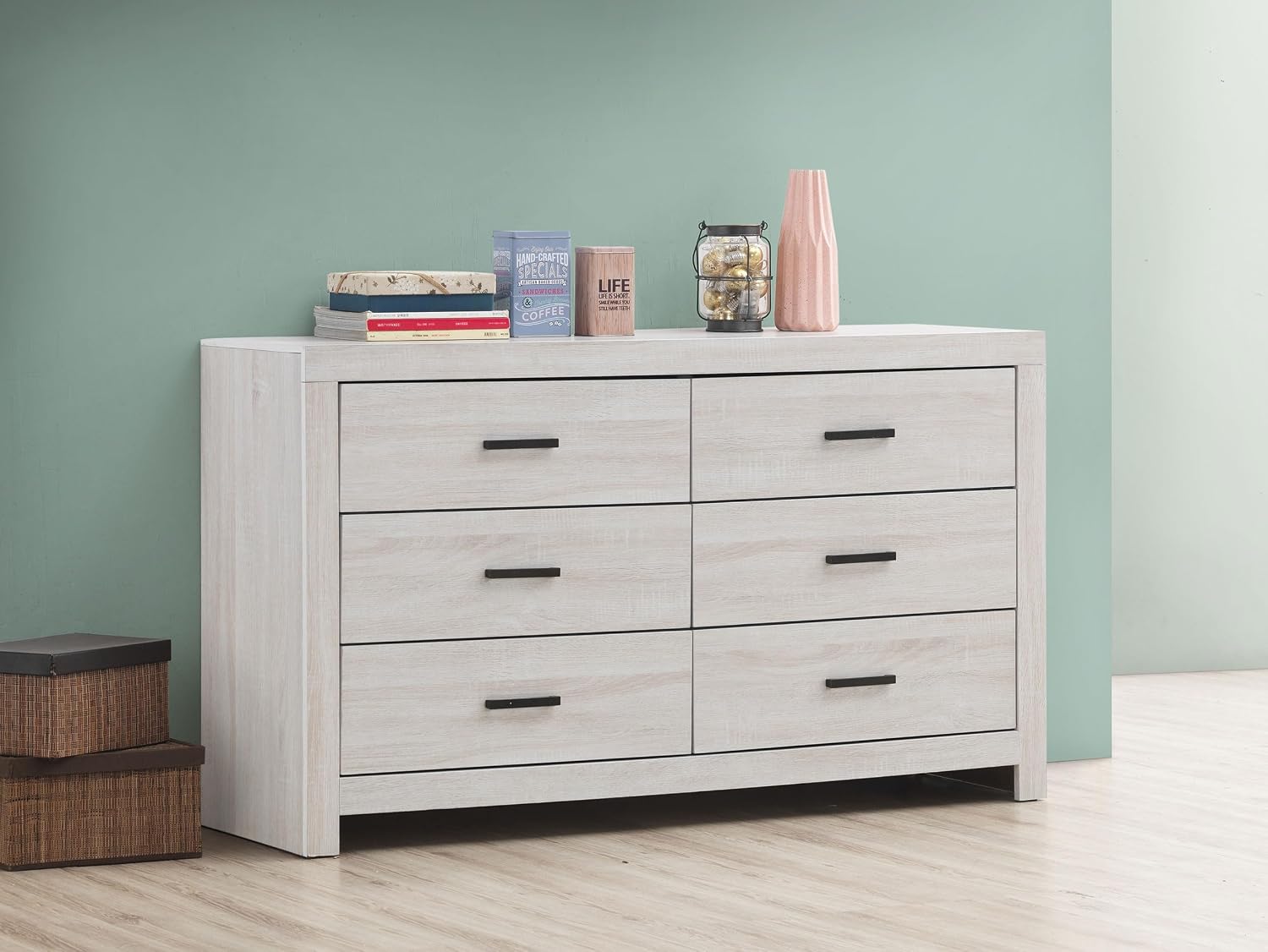 Coaster Home Furnishings Brantford Farmhouse 59-inch 6-Drawer Bedroom Dresser Clothing Storage Cabinet Wide Chest of Drawers Organizer Unit Coastal White 207053