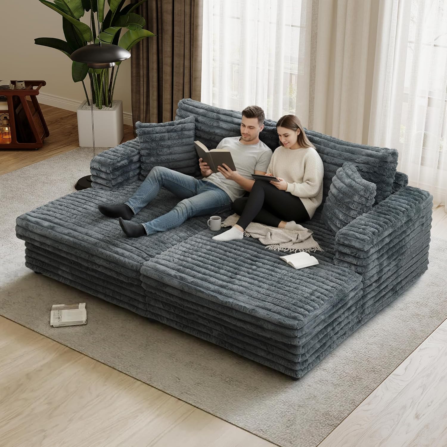 86' Oversized Chaise Lounge Chair Indoor with 2 Pillows,Sofa Bed Upholstered Recliner Chair,Comfy Corduroy Reading Chairs,Oversized Sleeper Couch for Living Room, Movie Room and Bedroom, Gray