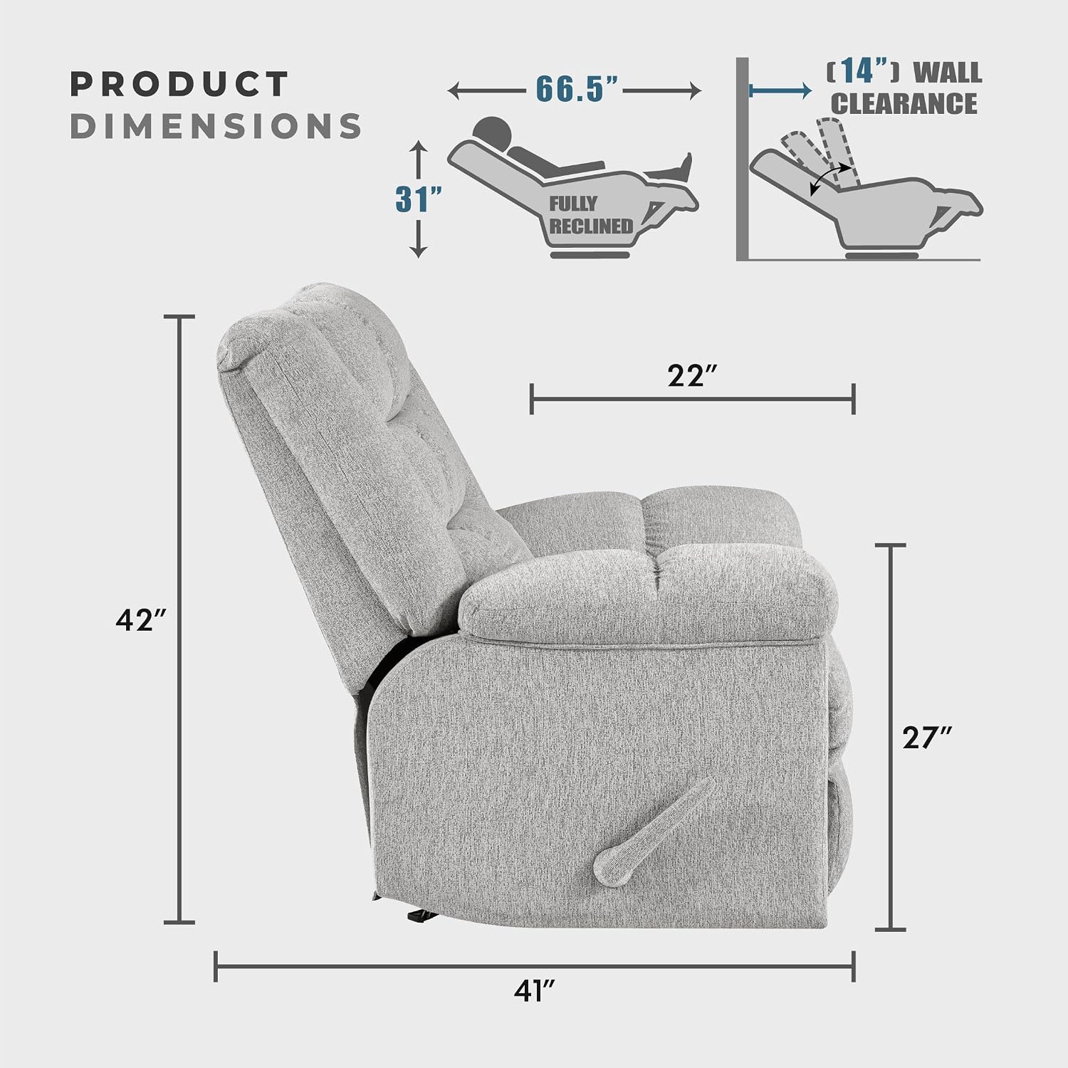 Lexicon Chenille Rocker Reclining Chair for Adults, Rocker Pull Handle Recliner, Nursery Chair for Living Room/Bedroom, High Back, Pillow Top Arms, High Density Foam Cushions, Light Grey