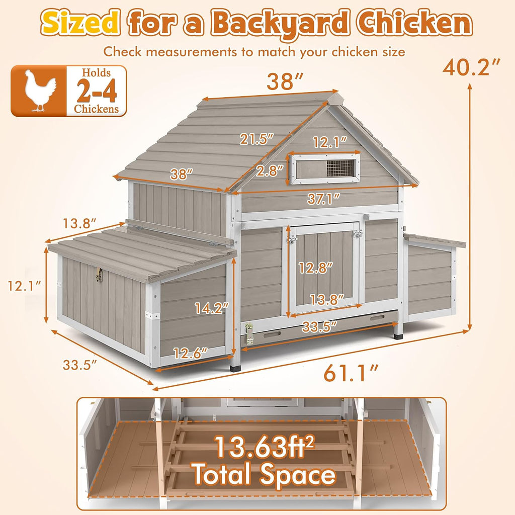 Ketive Large Chicken Coop for 2–4 Chickens Outdoor Poultry Cage Wooden Hen House with 6 Nesting Boxes, Reinforced Boxes, Dual Ramp Doors, Curved Wood Roof, Tray, Expandable (61.1'L x 38'W x 40.2'H)
