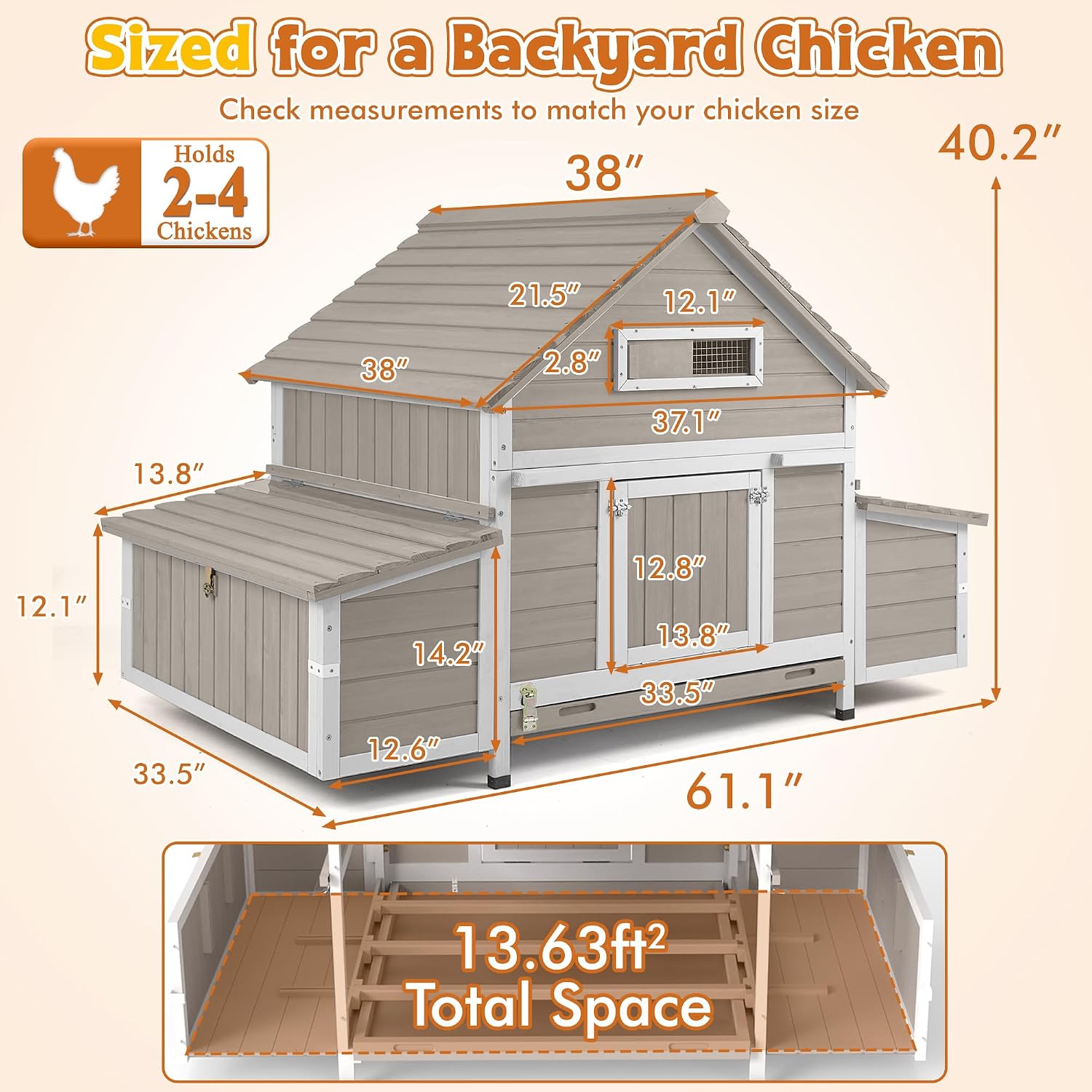 Ketive Large Chicken Coop for 2–4 Chickens Outdoor Poultry Cage Wooden Hen House with 6 Nesting Boxes, Reinforced Boxes, Dual Ramp Doors, Curved Wood Roof, Tray, Expandable (61.1'L x 38'W x 40.2'H)