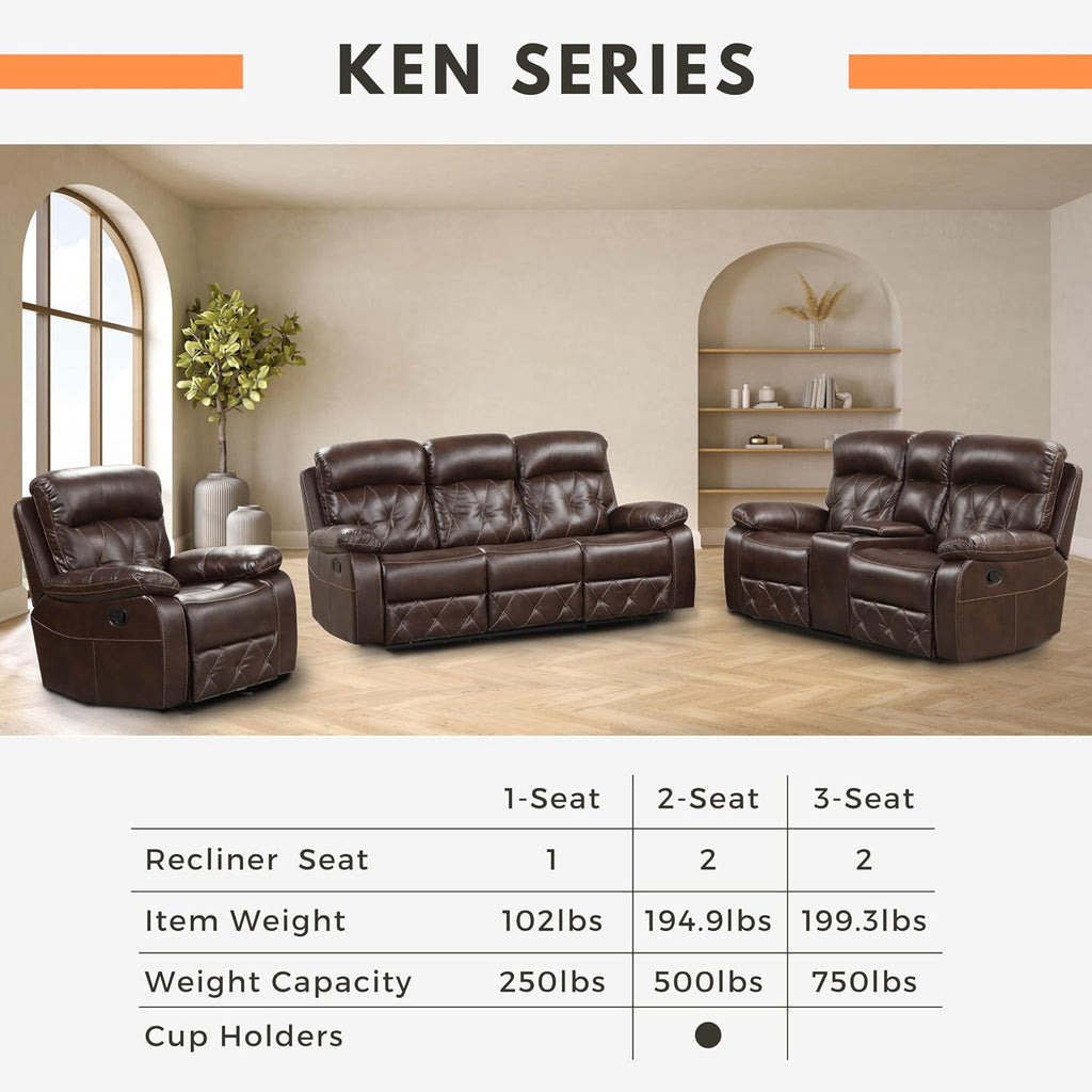 24/7 Shop at Home Skylar Transitional Breathable Leather Manual Recliner Loveseat with Fabric Lined Storage Console and Diamond Stitching for Living Room, Bedroom, Brown