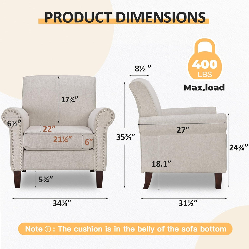 PrimeZone Comfy Accent Chair, Mid-Century Modern Fabric Living Room Chair Reading Chair with Soft Cushion, Nailhead Trim & Rolled Armrest, Arm Chair Sofa Chairs for Bedroom Waiting Room Office, Beige