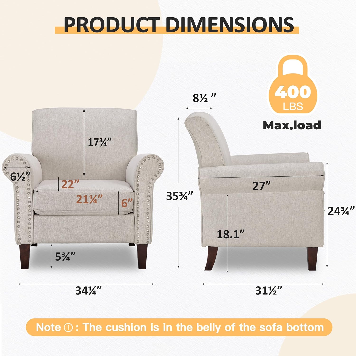 PrimeZone Comfy Accent Chair, Mid-Century Modern Fabric Living Room Chair Reading Chair with Soft Cushion, Nailhead Trim & Rolled Armrest, Arm Chair Sofa Chairs for Bedroom Waiting Room Office, Beige