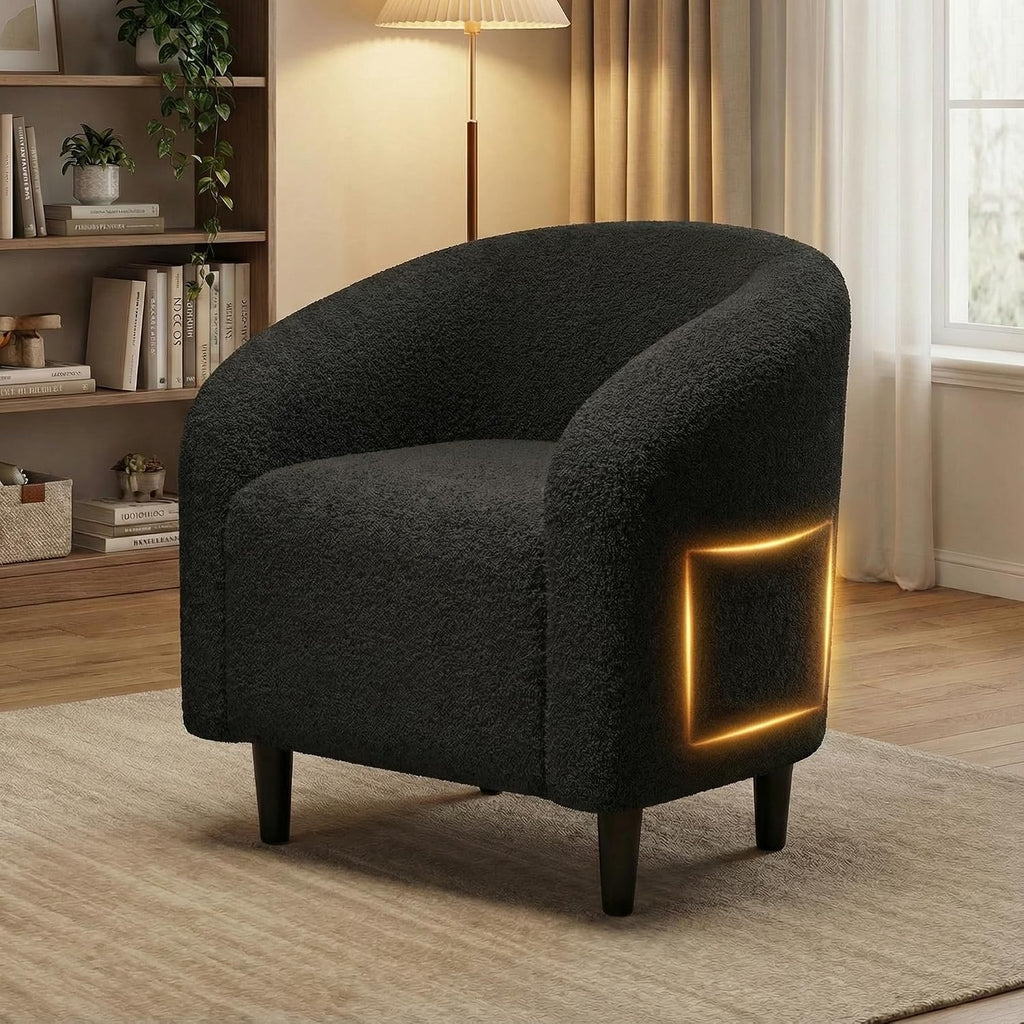 Modern Accent Barrel Chair, Comfy Teddy Fabric Club Armchair with Side Pocket, Easy Assembly Living Room Corner Chair for Bedroom, Office, Reception Space