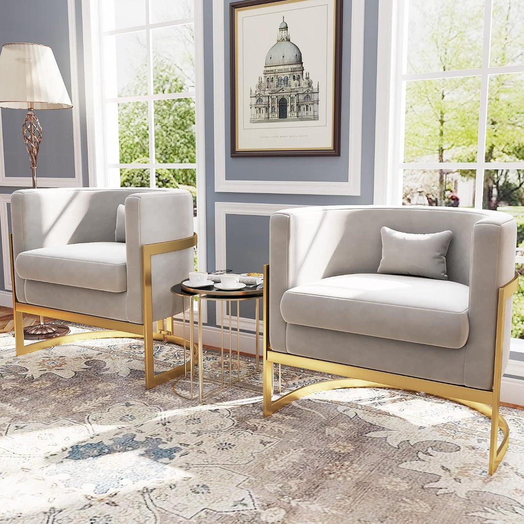 Velvet Accent Chair, Modern Barrel Chair Upholstered Armchair for Living Room Bedroom Single Sofa Chair Club Chairs Gray with Gold Legs