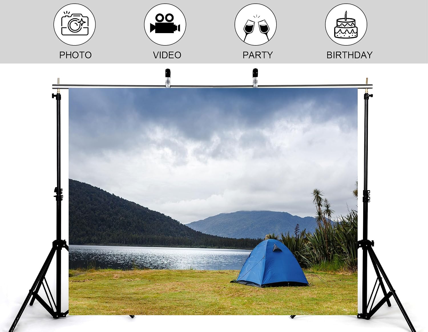 20x10ft Lake Camping Backdrop Blue Tent on Grass with Forested Mountains Photography Background for Outdoor Festival and Adventure Event Tapestry Decorations Banner Photo Booth Props