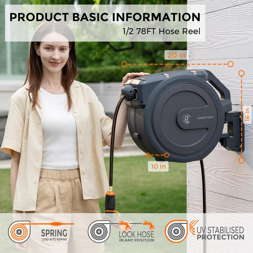 Giraffe Tools Hose Reel 1/2'' 78 ft, Heavy Duty Retractable Garden Hose Reel with Any Length Lock, Slow Return System, Wall Mounted and 180 Deg Swivel Bracket