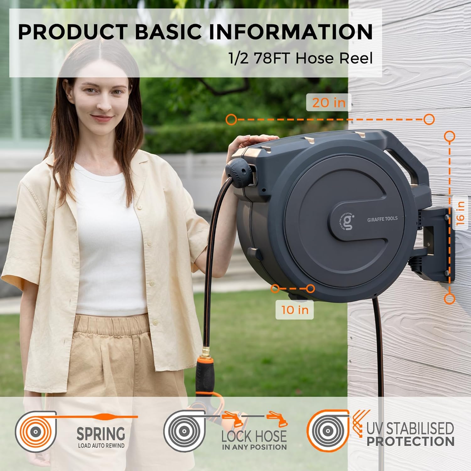 Giraffe Tools Hose Reel 1/2'' 78 ft, Heavy Duty Retractable Garden Hose Reel with Any Length Lock, Slow Return System, Wall Mounted and 180 Deg Swivel Bracket