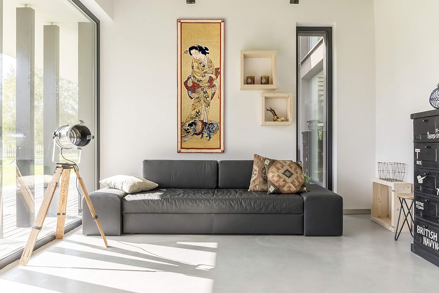 Lady with a Dog | Woven Tapestry Wall Art Hanging | Japanese Geisha Painting Scroll Artwork | 100% Cotton USA Size 51x18