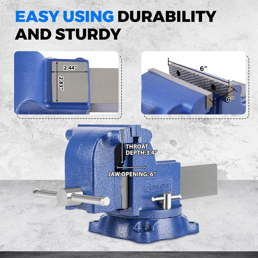 6' Heavy-Duty Bench Vise 13200LBS Stronger Clamping Force Ductile Iron Bench Vise 6 Inch 360° Swivel Bench Vice with Anvil Blue, Include Mini Bench Vice Clamp