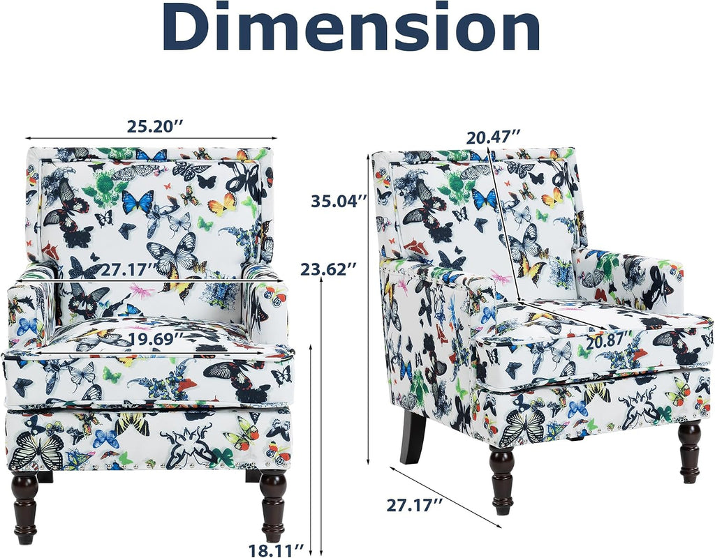 Accent Chair, Modern Comfy Mid-Century Accent Chairs, Linen Upholstered Wingback Lounge Arm Chair with Solid Wood,Single Floral Pattern Sofa Chair for Living Room/Office/Balcony/Bedroom