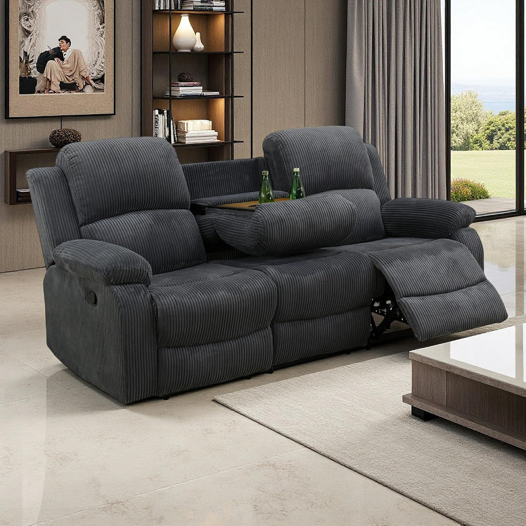 Living Room Furniture Set, Manual Reclining Sofa Set, Dark Grey Corduroy Recliner Couch Sets with Drop-Down Table, Recliner Sofa with Storage Console/Cup Holder for Living Room/Apartment