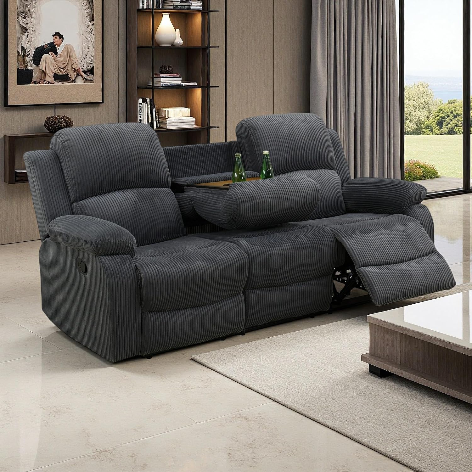 Living Room Furniture Set, Manual Reclining Sofa Set, Dark Grey Corduroy Recliner Couch Sets with Drop-Down Table, Recliner Sofa with Storage Console/Cup Holder for Living Room/Apartment