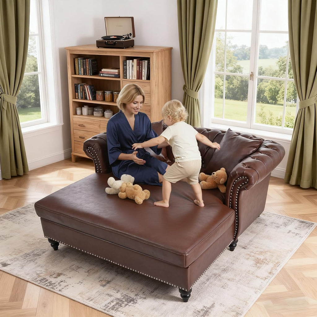 63' Oversized Chaise Lounge Comfy Reading Chair, Faux Leather Chesterfield Loveseat Sofa with Tufting Back & Rolled Arm with 2 Pillows, Comfy Couch for Indoor Relaxation, Living Room, Dark Brown