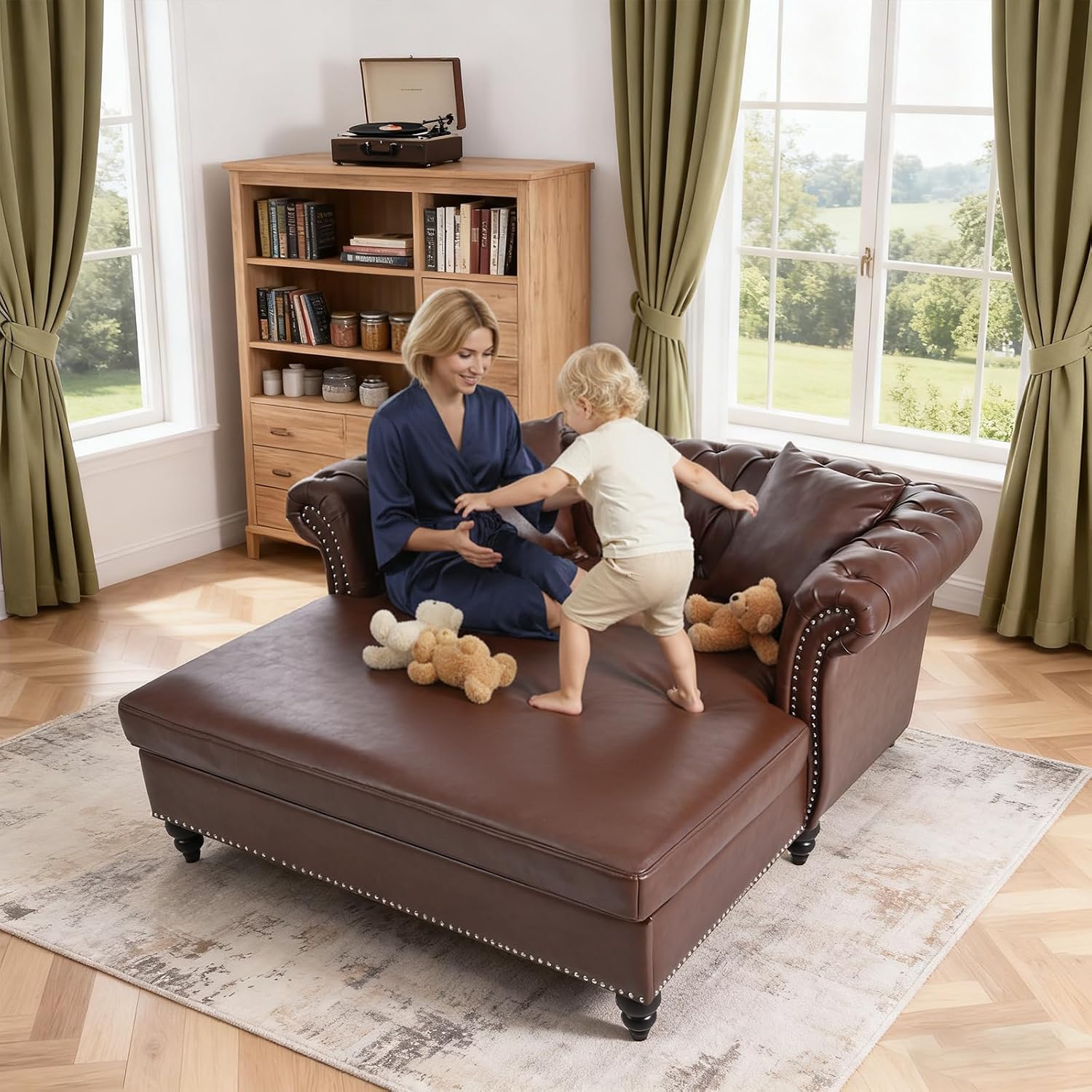 63' Oversized Chaise Lounge Comfy Reading Chair, Faux Leather Chesterfield Loveseat Sofa with Tufting Back & Rolled Arm with 2 Pillows, Comfy Couch for Indoor Relaxation, Living Room, Dark Brown