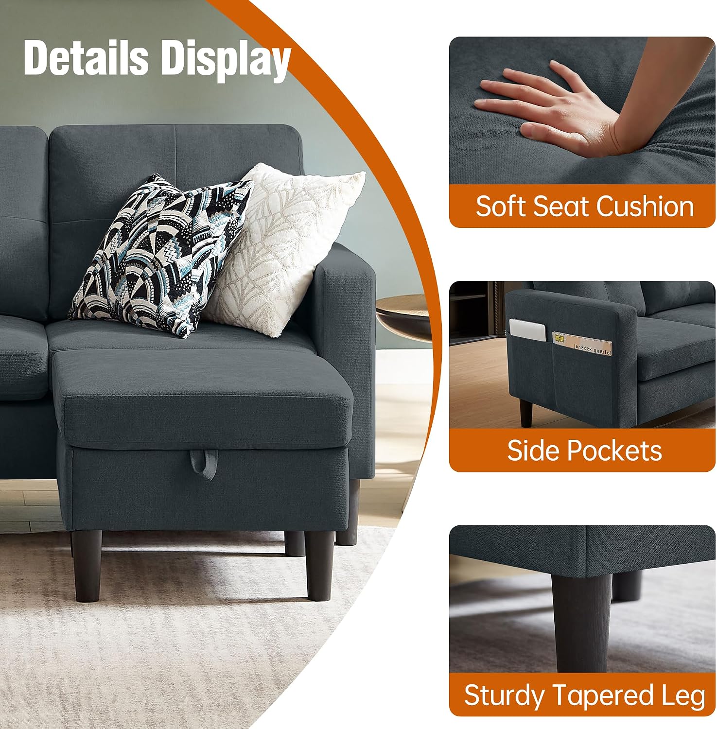 Sectional Sofa Couches for Living Room, L Shaped Couch 3-Seat Convertible Sectional Sofas with Removable Storage Ottoman, Modern Polyester Fabric (Dark Grey)