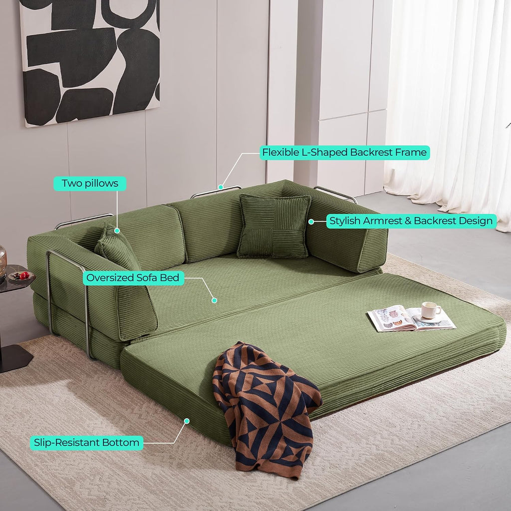 LINSY HOME Sofa Bed Couch - Convertible Boneless Couch Bed with 2 Pillow (Green) | Folding Sofa Bed