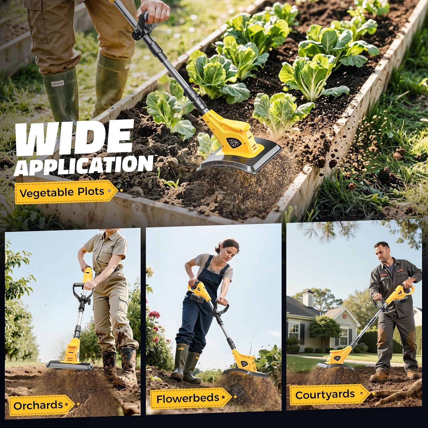 Cordless Tiller Cultivator Compatible with Dewalt 20V Battery (Tool Only), MtiolHig 360RPM Electric Garden Tiller for Gardening, Brushless Rototiller 9' Width 6.3' Depth for Soil Cultivation, Yellow