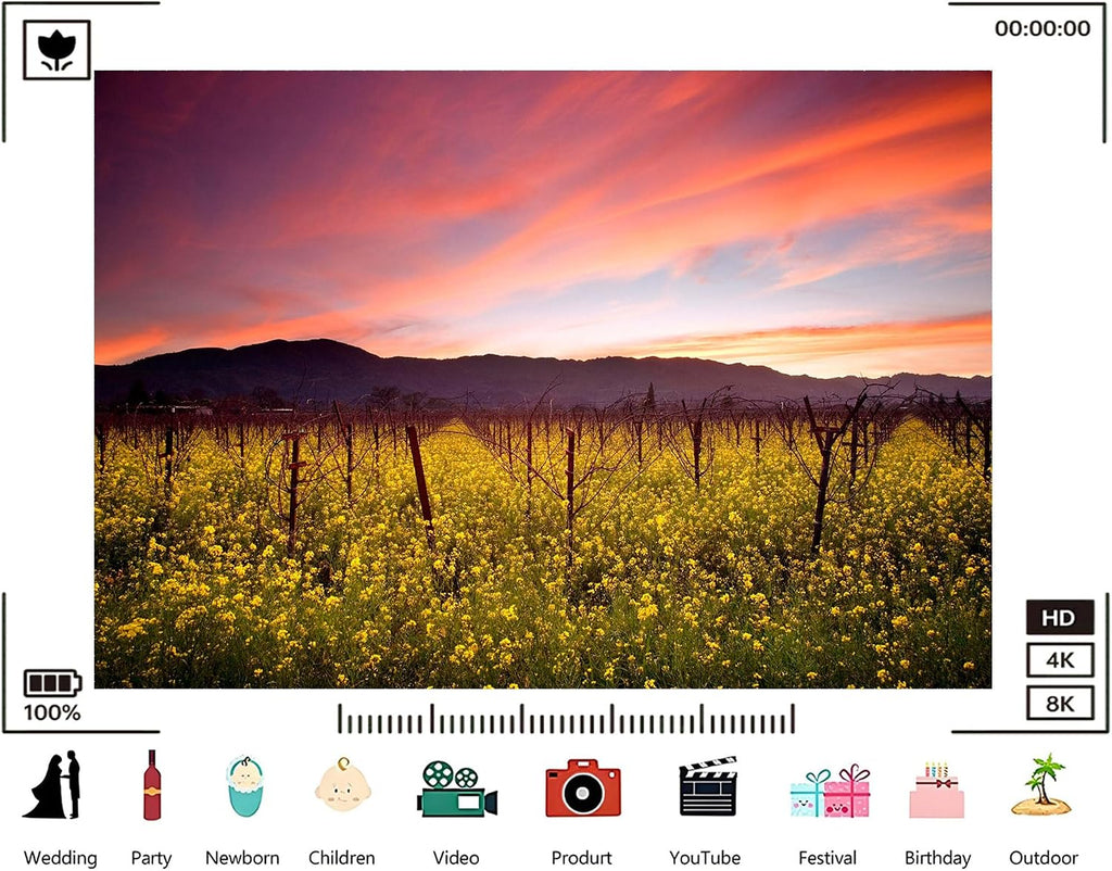 Trykid 20x10ft Vineyard Sunset Photography Backdrop Yellow Wildflowers Grapevines Orange Pink Sky Mountains for Outdoor Camping Wedding Party Decoration Tapestry Photo Studio Prop Fabric
