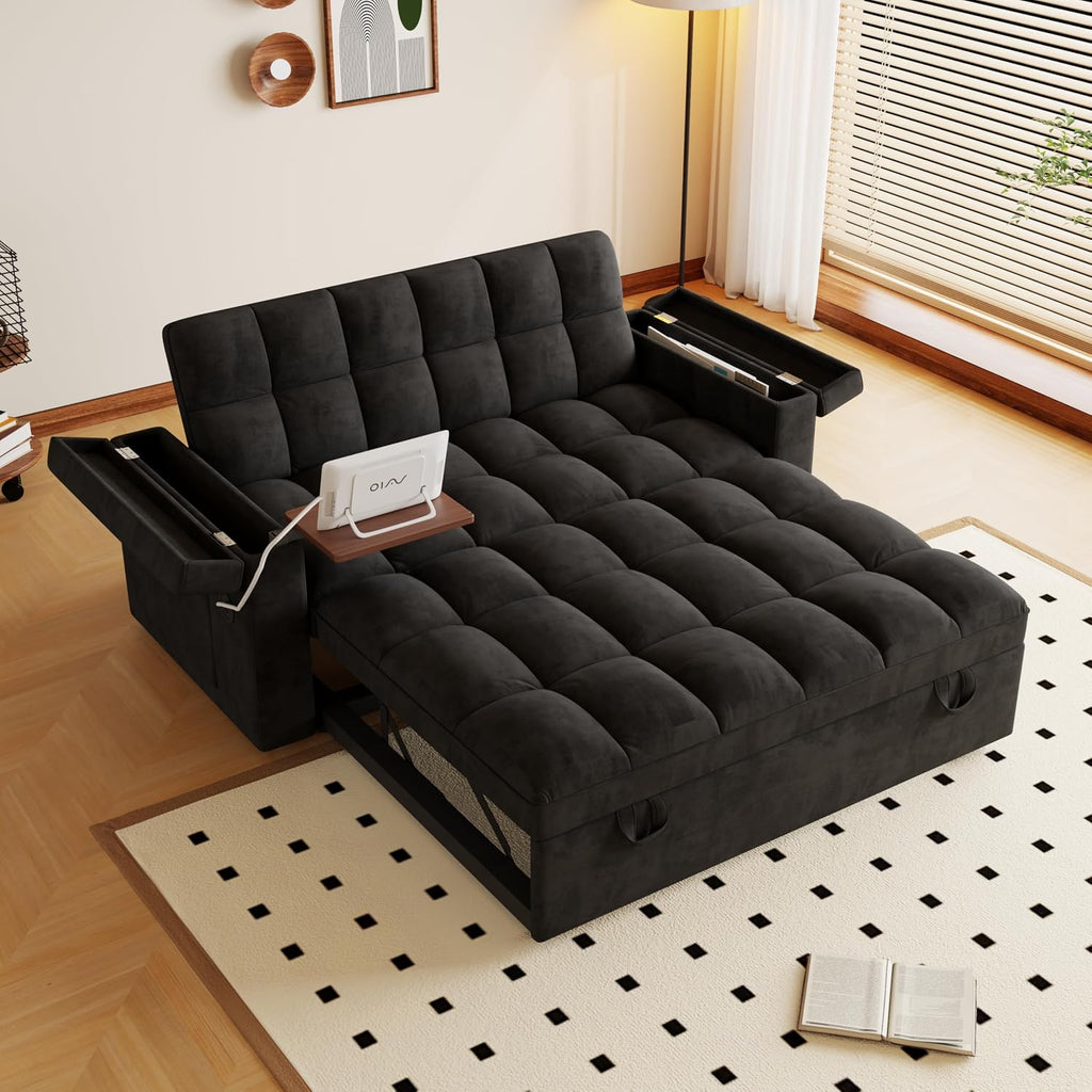 KEIKI 65' Compact 3-in-1 Sofa Bed, Pull-Out Loveseat Sleeper with Built-in USB Ports, Side Table & Storage Arms, Velvet Couch for Studios, Home Office & Guests
