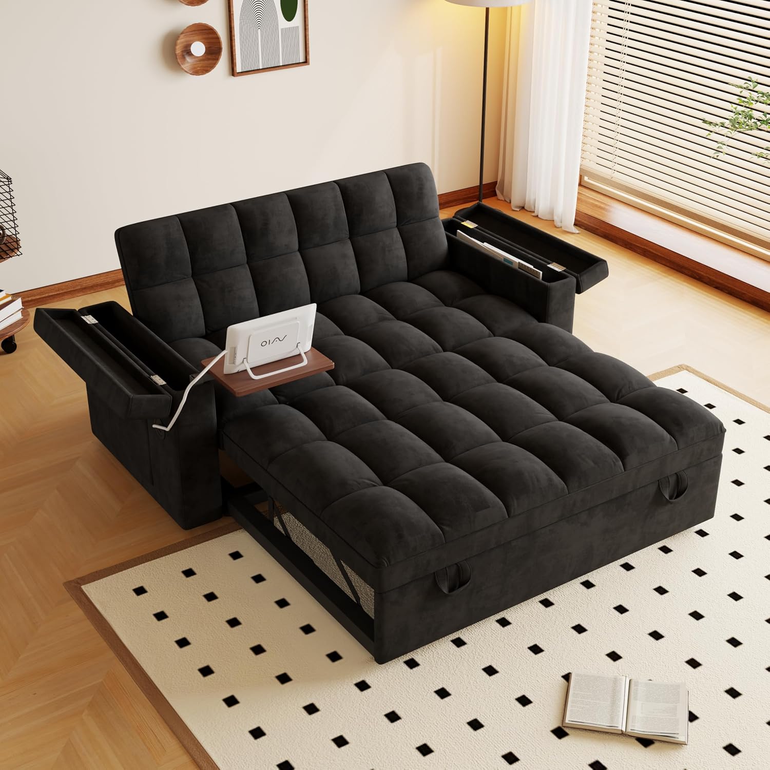 KEIKI 65' Compact 3-in-1 Sofa Bed, Pull-Out Loveseat Sleeper with Built-in USB Ports, Side Table & Storage Arms, Velvet Couch for Studios, Home Office & Guests