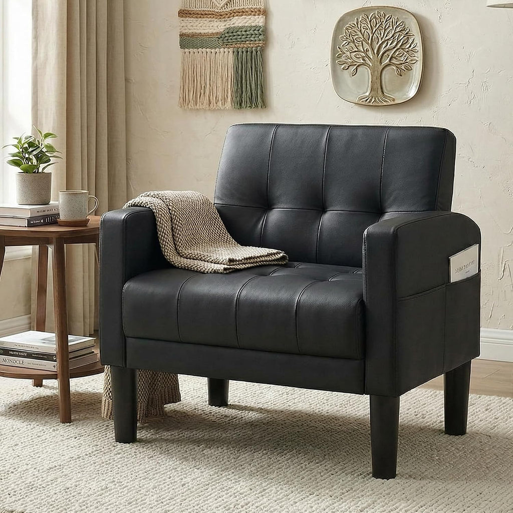 TYBOATLE Accent Chair, Living Room Chairs, Cozy Tufted Mid Century Modern Black Accent Chairs with Arms for Bedroom, Comfy Reading Arm Chair,Small Chairs for Small Spaces,Living Room,Office (1, Black)