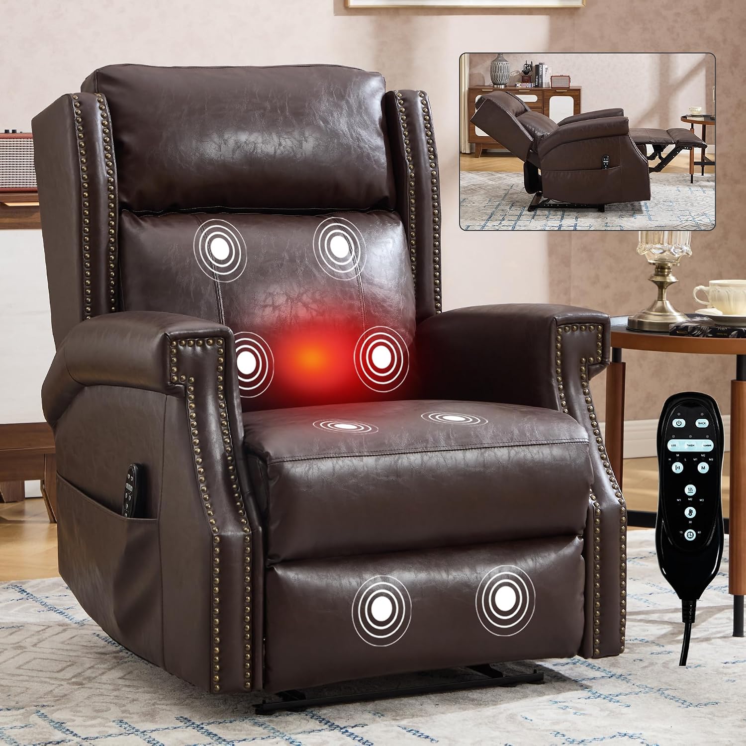KEIKI Mid Century Modern Oversized Recliner Accent Chair for Adults, Manual Leather Recliner Chair with Back Massager and Heating for Living Room, Rocking Chaise Lounge Chair Indoor, Antique Brown