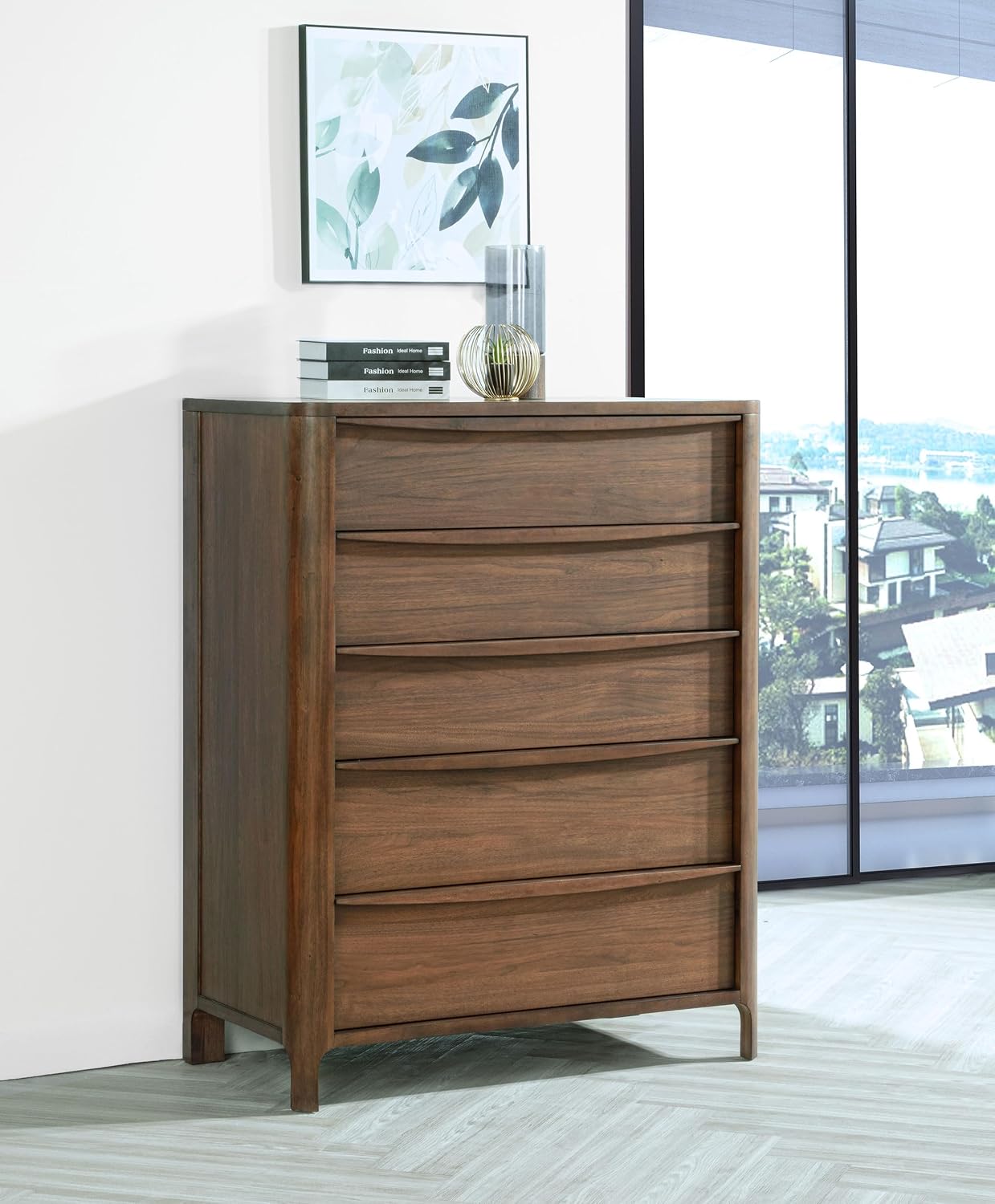 Coaster Home Furnishings - Maderia - Wood - 5-Drawer Chest of Drawers with Curved Fingertip Pulls, Rounded Corners and Tapered Front Legs - Mid-Century Modern - Bedroom - Walnut - 223325