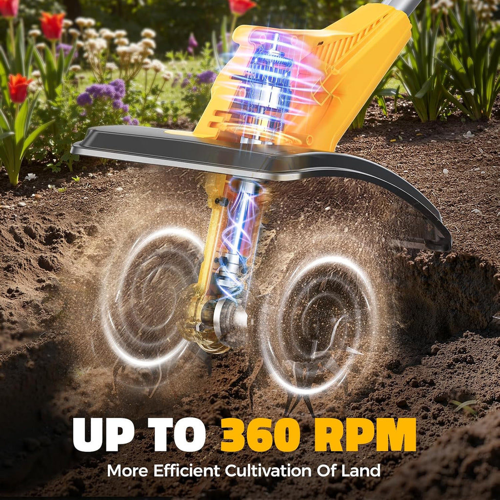 Cordless Tiller Cultivator Compatible with Dewalt 20V Battery (Tool Only), MtiolHig 360RPM Electric Garden Tiller for Gardening, Brushless Rototiller 9' Width 6.3' Depth for Soil Cultivation, Yellow