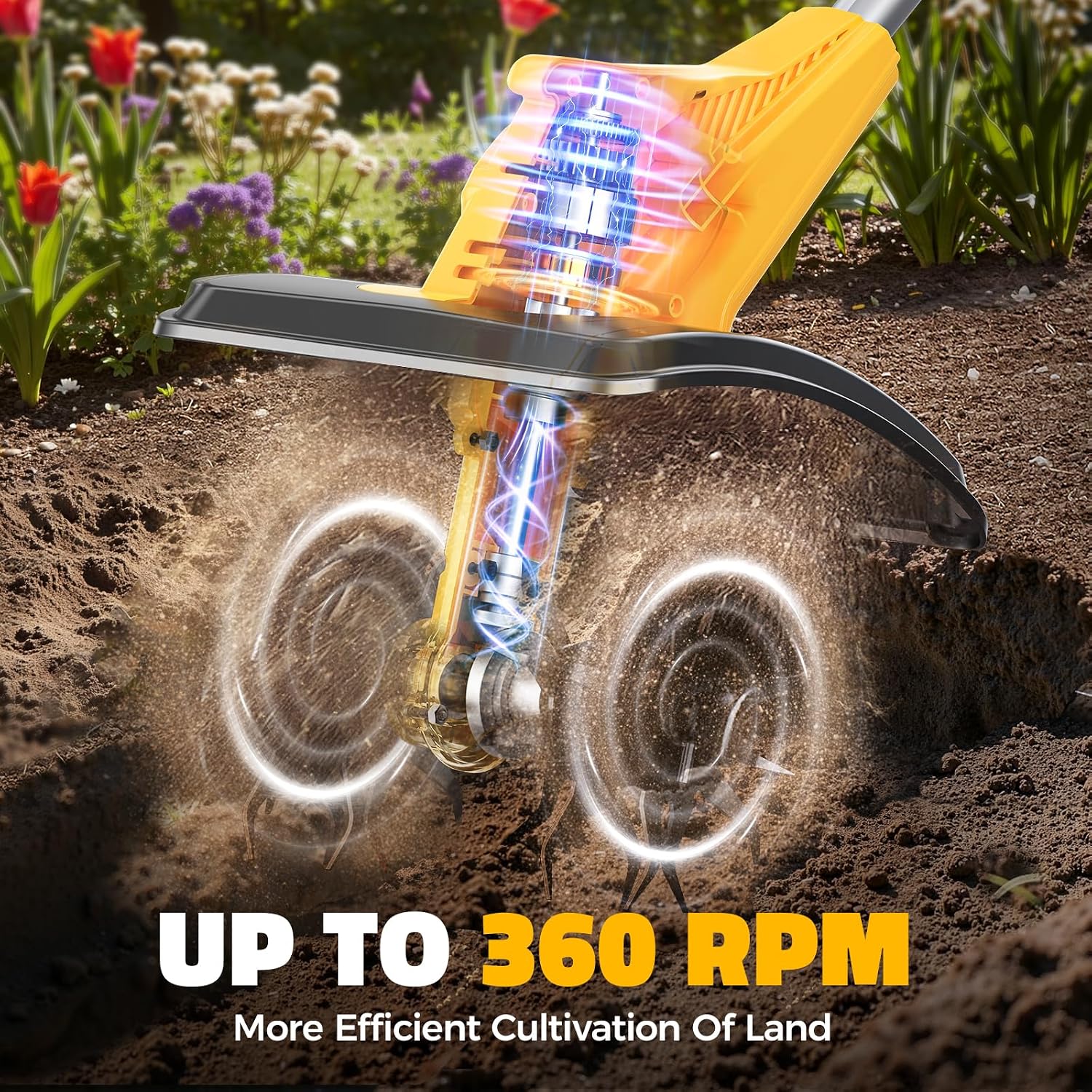 Cordless Tiller Cultivator Compatible with Dewalt 20V Battery (Tool Only), MtiolHig 360RPM Electric Garden Tiller for Gardening, Brushless Rototiller 9' Width 6.3' Depth for Soil Cultivation, Yellow