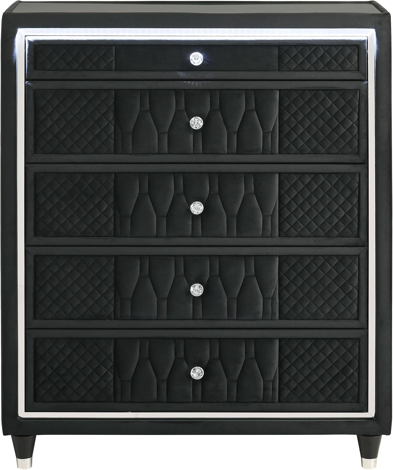 Coaster Home Furnishings - Lorient - Wood and Velvet - 5-Drawer Chest with Built-in LED Lighting, Crystal Knobs and English Dovetail Joinery - Bedroom - Black - 223165
