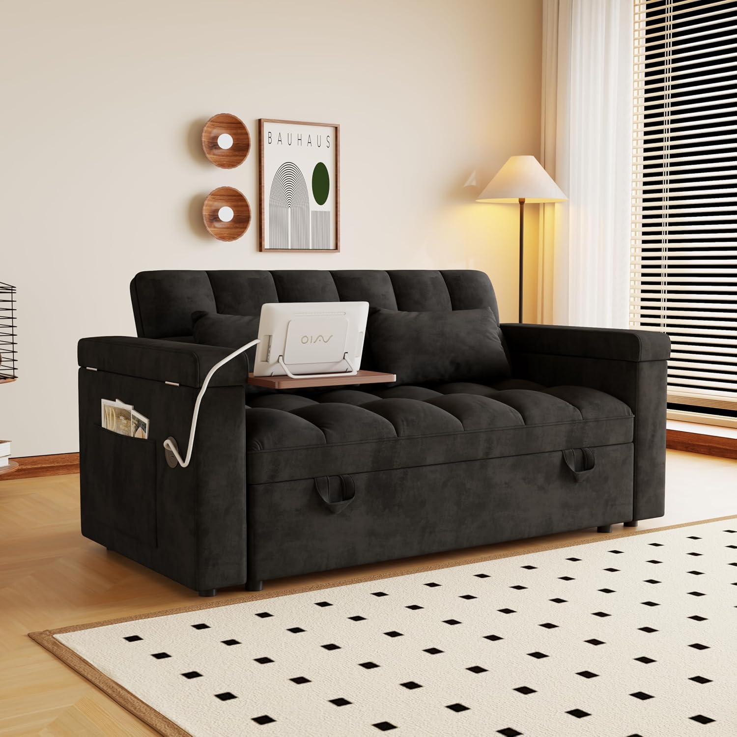 KEIKI 65' Compact 3-in-1 Sofa Bed, Pull-Out Loveseat Sleeper with Built-in USB Ports, Side Table & Storage Arms, Velvet Couch for Studios, Home Office & Guests