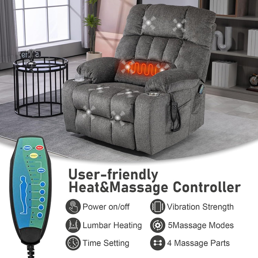 Oversized Power Recliner Chair for Big and Tall 400 LBS, 25.5' Extra Wide Electric Lift Chair with Heat and Massage, Dual Motor 180° Lay Flat Recliner Living Room Sofa, Chenille Big Lift Chair