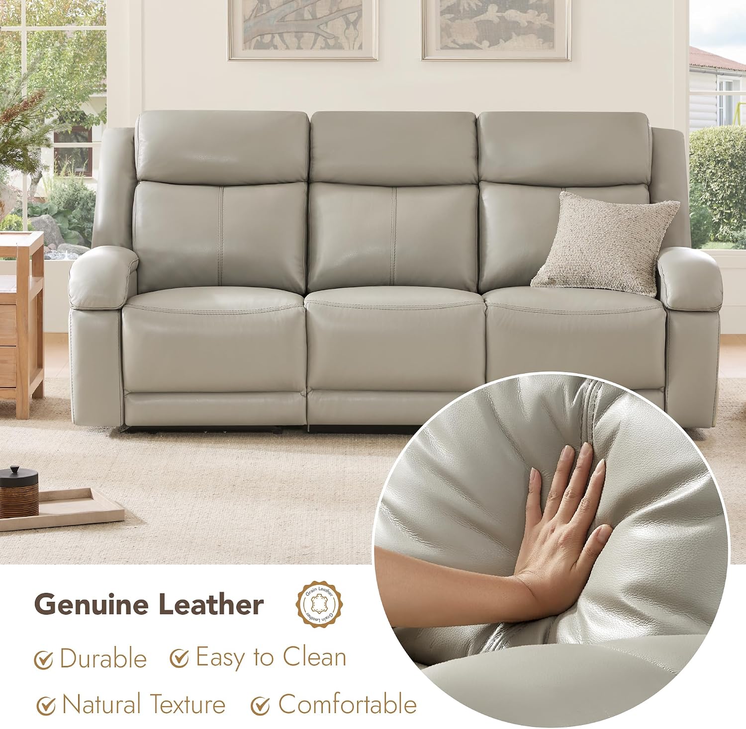 Watson & Whitely Genuine Leather Power Recliner Sofa, 3 Seater Wall Hugger Reclining Sofas with Power Headrest, USB & TypeC Ports, Electric Recliner Couch Set for Living Room, Grey