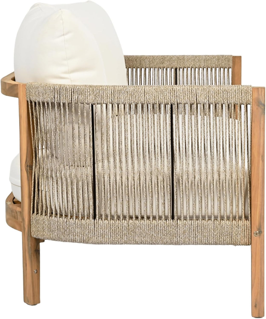 Christopher Knight Home Havets 77'W Outdoor 3 Seater Sofa, 6' Thick Cushion Couch, Acacia Wood Bench Sofa, Comfy Woven Rope Armchair, Spacious Seating Bench Couch for Backyard Garden Porch, Teak+Beige