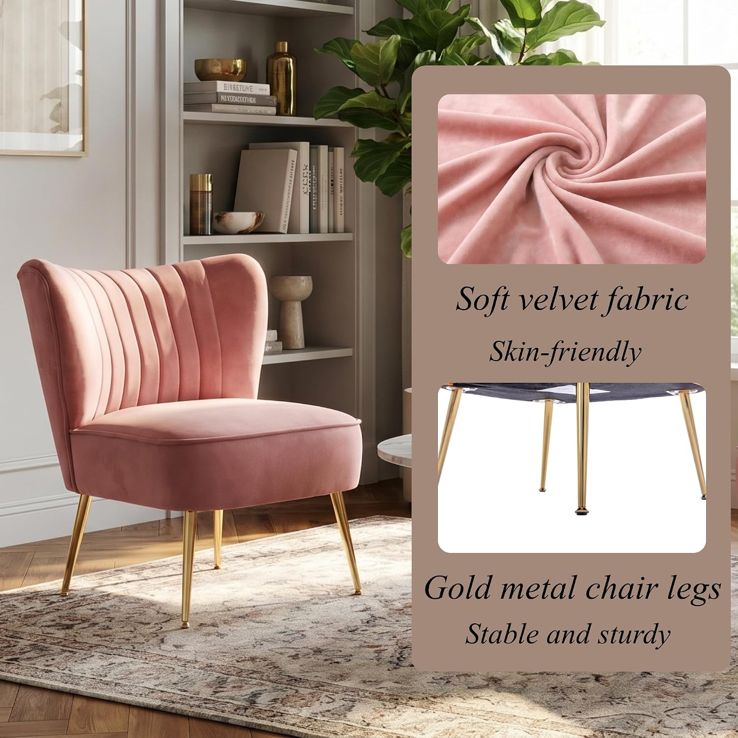 Velvet Accent Chairs Set of 2 Comfy Living Room Chair Armless Slipper Chair Mid Century Side Single Sofa Chair with Golden Legs Wingback for Bedroom Guest Room, Pink
