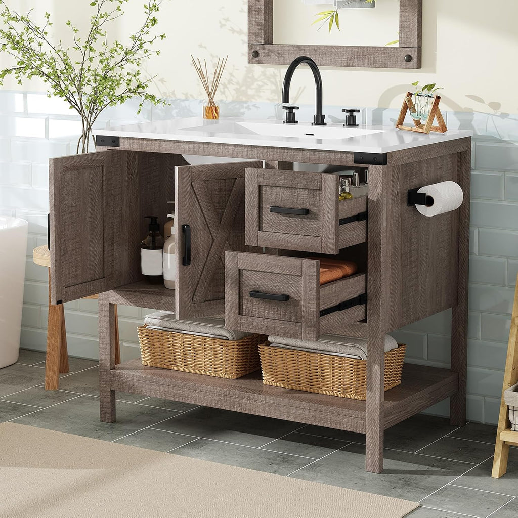 AMERLIFE 36' Farmhouse Bathroom Vanity with Sink Combo, Wood Barn Door Freestanding Small Single Bath Storage Cabinet Set with Sliding Drawers & Open Shelf, Paper Towel Holder, Light Gray