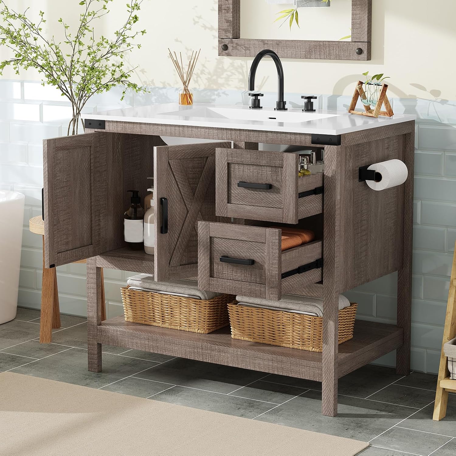 AMERLIFE 36' Farmhouse Bathroom Vanity with Sink Combo, Wood Barn Door Freestanding Small Single Bath Storage Cabinet Set with Sliding Drawers & Open Shelf, Paper Towel Holder, Light Gray