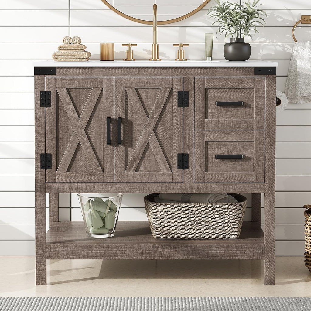 AMERLIFE 36' Farmhouse Bathroom Vanity with Sink Combo, Wood Barn Door Freestanding Small Single Bath Storage Cabinet Set with Sliding Drawers & Open Shelf, Paper Towel Holder, Light Gray