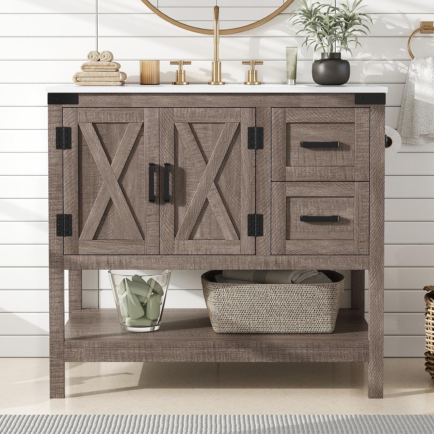 AMERLIFE 36' Farmhouse Bathroom Vanity with Sink Combo, Wood Barn Door Freestanding Small Single Bath Storage Cabinet Set with Sliding Drawers & Open Shelf, Paper Towel Holder, Light Gray
