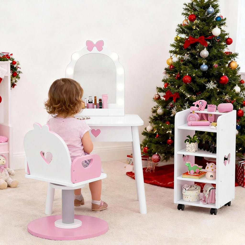 Wooden Kids Vanity Table and Chair Set with Light and Mirror, Princess Makeup Vanity Desk with Barber Chair and Rolling Cart, Pretend Hair Salon Play Set, Toddler Vanity Set for Girls, White