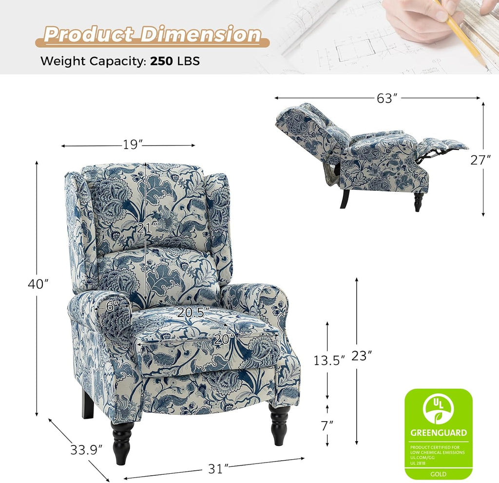 HULALA HOME Upholstered Wingback Recliner Chair, Small Adjustable Footrest Push Back Single Reclining Sofa, Mid Century Modern Lounge Armchair for Living Room, Bedroom, Reading/Jacobean