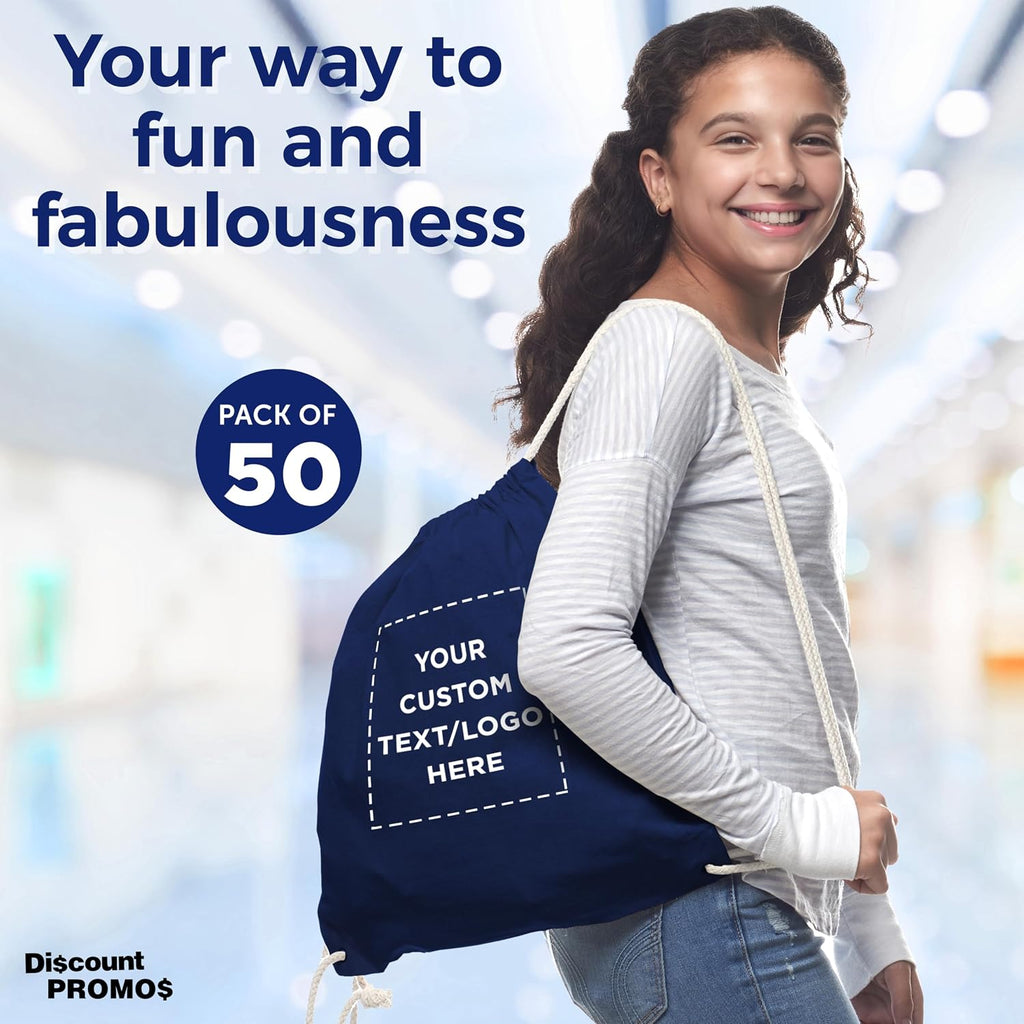 DISCOUNT PROMOS Custom Cotton Drawstring Backpacks Set of 50, Personalized Bulk Pack - Bring Everywhere You Go and For Everyday Use - Navy Blue