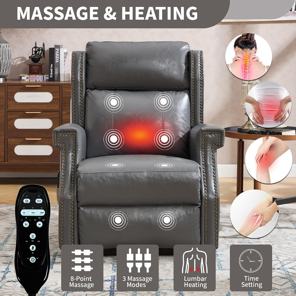 KEIKI Mid Century Modern Oversized Recliner Accent Chair for Adults, Manual Leather Recliner Chair with Back Massager and Heating for Living Room, Comfy Rocking Chairs for Small Spaces, Grey