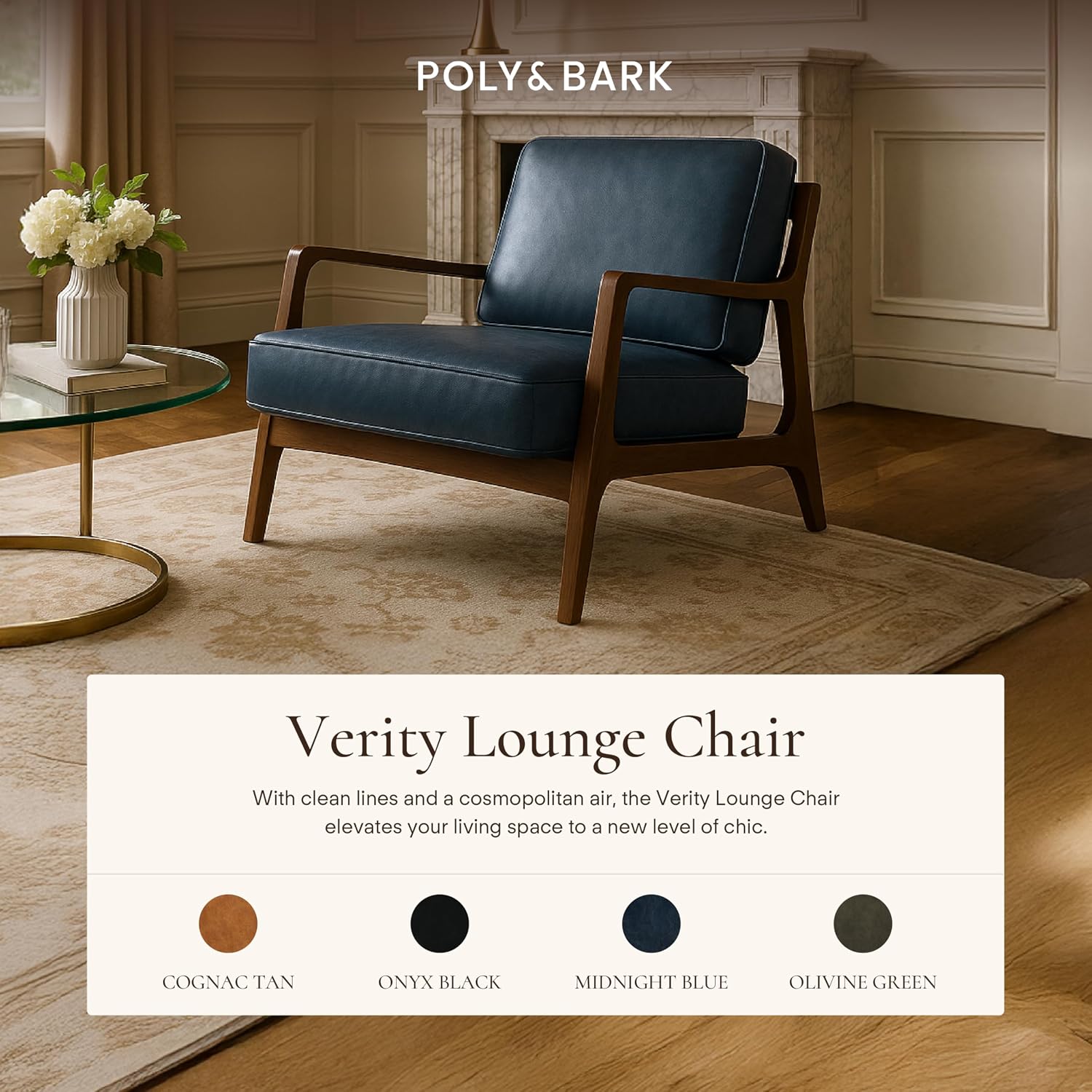 Poly & BARK Verity Leather Accent Chair – Armchair with Walnut Wood Frame – Fashion-Forward Lounge Seating for Living Room – Upholstered in Midnight Blue Leather for Modern Style