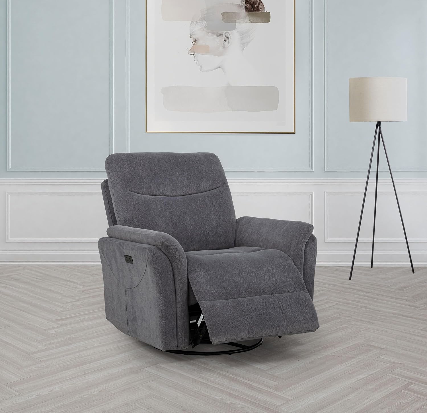 Coaster Home Furnishings - Adler - Upholstered Power Swivel Glider Recliner with Built-in Control Panel, Dual USB Ports, Foam Cushion and Transitional Style - Living Room - Charcoal Grey - 610443P